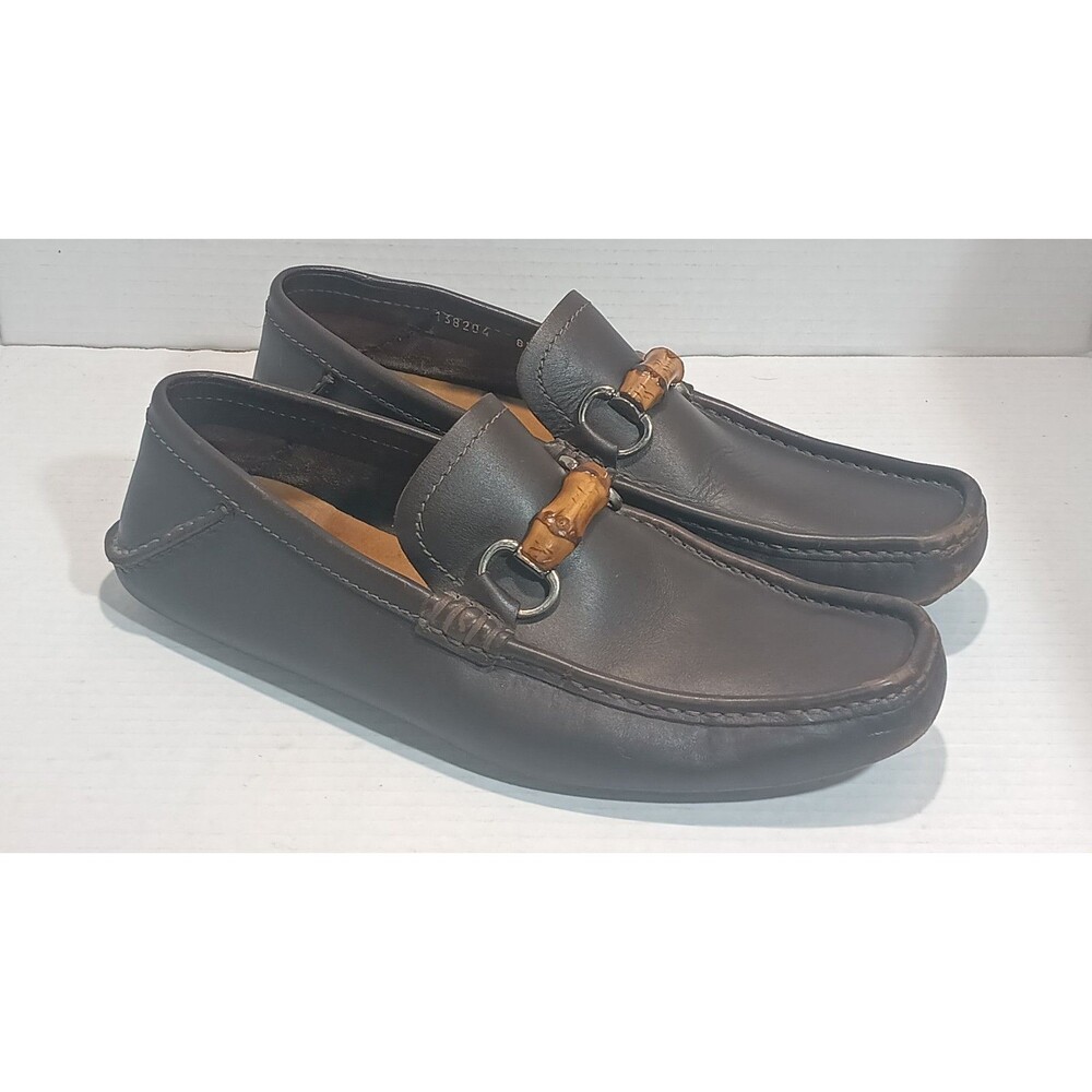 Men's 8.5 🔥 GUCCI Chocolate Brown Leather Driving Loafers Bamboo Horsebit Shoes - Picture 2 of 14